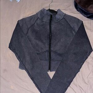 New Striped Black and Gray Crop Zip-Up Jacket